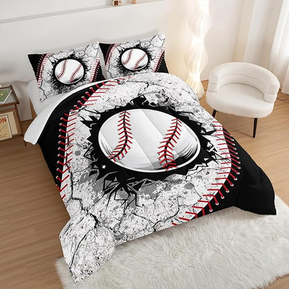 Baseball Comforter Sports Bedding Sets for Boys,Sports Gamer Bedding Set for Kids Girls Boys Room Decor,Black White Baseball Printed Queen Bed Comforter Set with 2 Pillowcases.