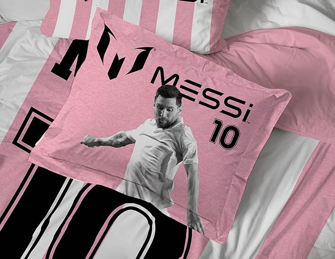 Jay Franco Kids Comforter Set Includes Sheets and Pillow Covers - Soft and Cozy Bed Set for Stylish Room Decor, Official Licensed Bedding, Pink - Messi, 7 Piece Queen