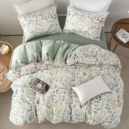 Floral Comforter Set Full Soft Bedding Comforter Set 3 Pieces Garden Style Green Red Flower Print Botanical Flowers Comforter Set for All Seasons 1 Comforter and 2 Pillowcases (Floral, Full)