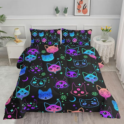Axolotl Cat Comforter Set Full,Kawaii Trippy Cat Moon Stars Bedding Set with 1 Comforter 2 Pillowcases for Kids Boys Girls Teens Adults Room Decor All Season,Colorful Neon Trippy Bed Set