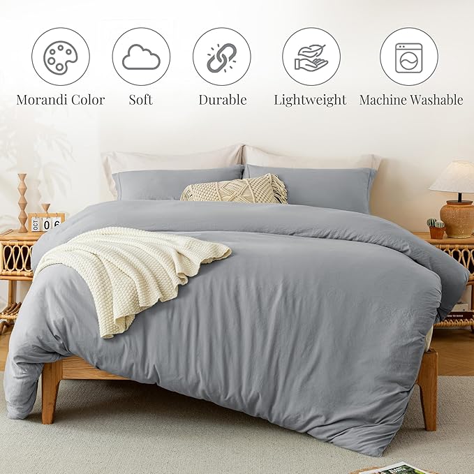 MILDLY Super Soft Duvet Cover - 100% Washed Microfiber Light Grey Comforter Cover Set 3 Pieces with Zipper Closure & Corner Ties (No Comforter)