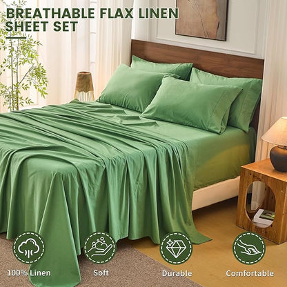 Bedlifes 100% French Flax Linen Sheets Set Queen Size - 6 Piece Extra Deep Pocket 18-24",Soft Breathable Queen Bed Sheets with Temperature Regulating & Moisture-Wicking(Sage Green