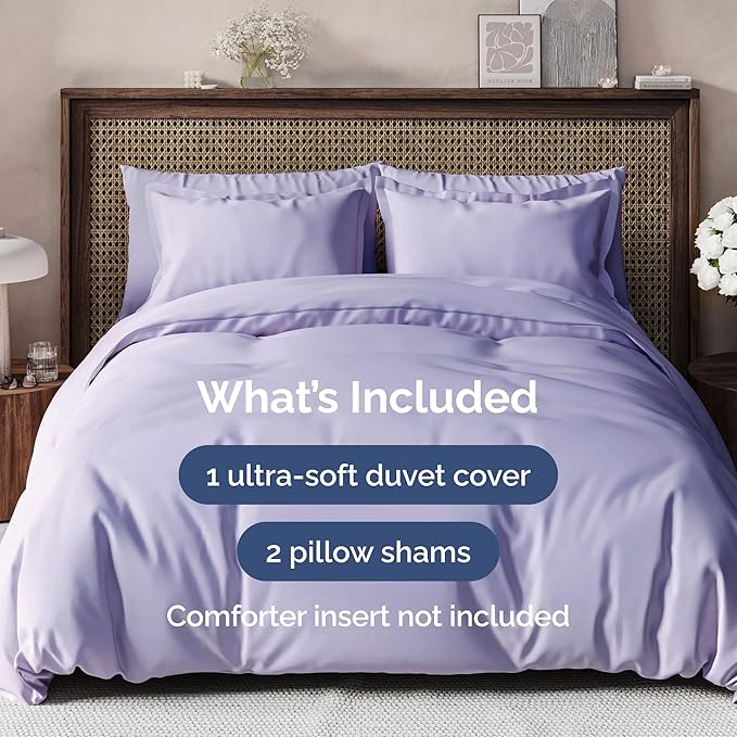 Duvet Cover Queen Size Set - Extra Soft Queen Duvet Cover 90" x 90" with 2 Pillow Shams - Hotel Luxury, Easy Care & Fade Free w/ Zipper Closures & Ties - All Season, Comfy and Breathable (Lavender)