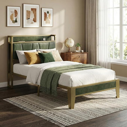 LIKIMIO Twin XL Bed Frame, Storage Headboard with Charging Station, Solid and Stable, Noise Free, No Box Spring Needed, Easy Assembly (Dark Green)