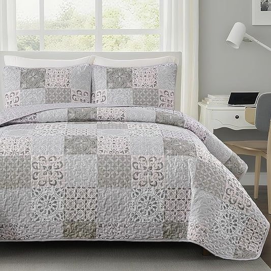 Dobuyly Queen Size Quilt Set Boho Grey Beige Plaid Patchwork Bedspreads Coverlet Set, 3 Pieces Reversible Lightweight Microfiber Neutral Quilt Bedding Set for All Seasons 96"x90"