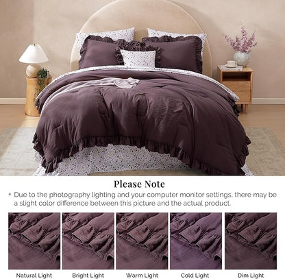 Oversized Queen Comforter Set - 7 Pieces Ruffle Dark Purple Bedding Sets, Shabby Chic Farmhouse Bed in a Bag with Ruffle Comforter, Floral Sheets, Pillowcases & Shams