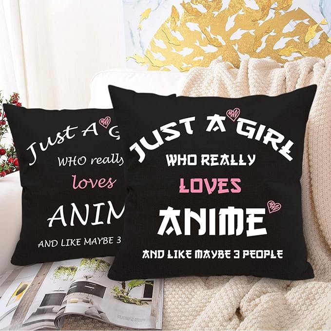 Anime Lover Gifts for Girls Two Sided Throw Pillow Cover - Just A Girl Who Really Loves Anime 18"x 18"(Black)