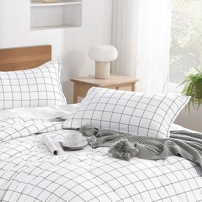 Andency Queen Comforter Set White Gingham, Plaid Grid Checkered Bedding Comforter Set Queen Size, 3 Pieces Lightweight Reversible Geometric Modern Bedding Set(90x90 Inch)