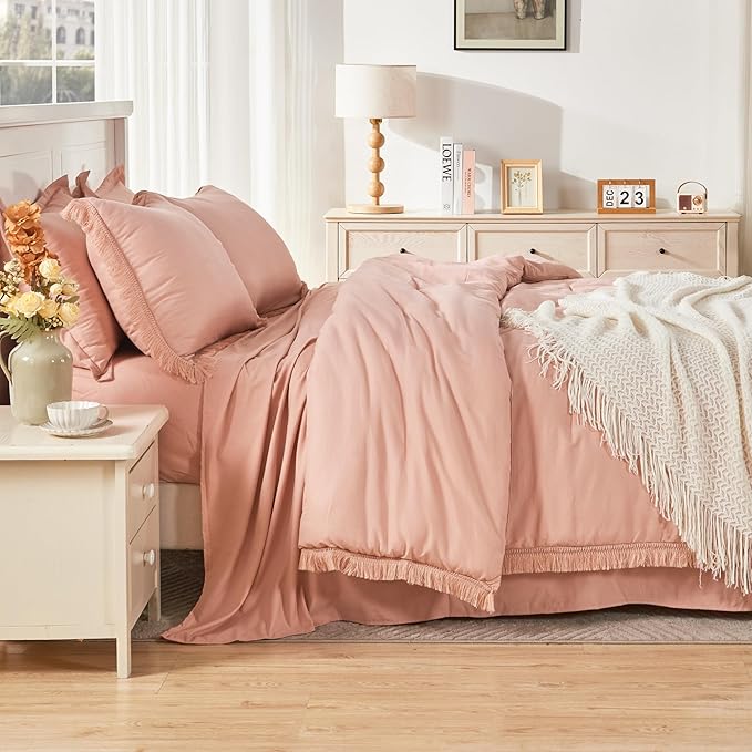 Andency Pink Full Size Comforter Set with Sheets - 7 Pieces Boho Tassel Bed in a Bag Soft Lightweight Bedding Sets, Pink Fringe Bed Set with Comforter, Sheets, Pillowcases & Shams