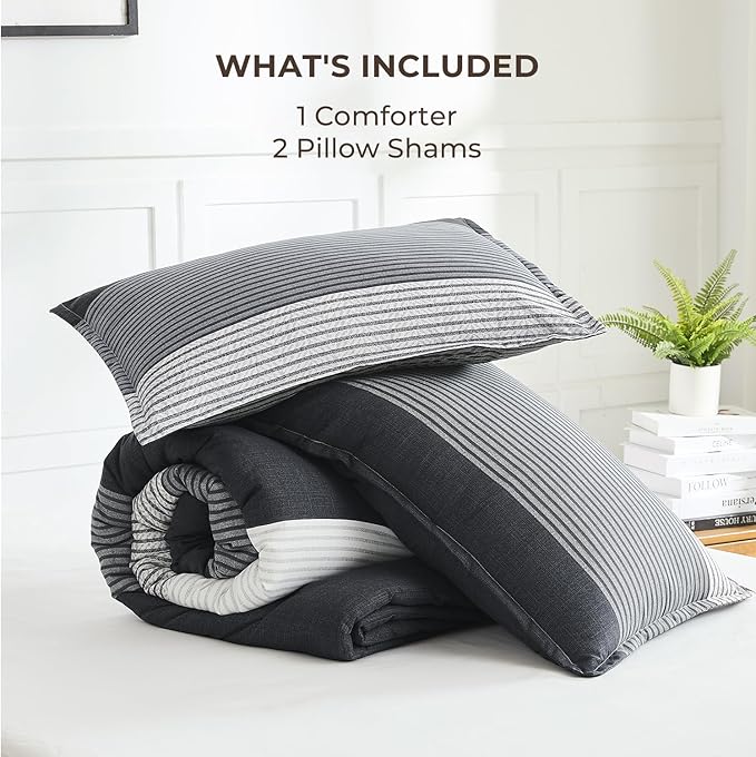 Litanika Oversized Queen Comforter Set Black White Grey 98x98-3 Pieces Lightweight Colorblock Stripe Fluffy Bedding Comforter Sets, All Season Bed Set