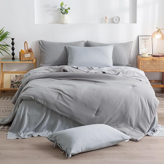 COTTEBED Ultra-Soft Twin Comforter Set with Sheets - 5 Pieces Bed in a Bag Dark Grey Twin Down Comforter and Light Gray Bedding Sheet Sets, Lightweight Washed PolyCotton for Kids Boy Girls All Seasons