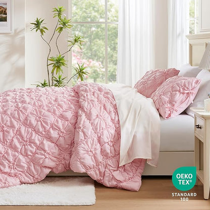 Intelligent Design Twin Comforter Set – Pink Lily Puffy Floral Shabby Chic Boho Bedding for Girls, Ultra-Soft, Lightweight & All-Season, Twin