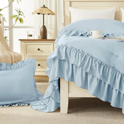 Andency Light Blue Twin Size Comforter Set, 2 Pieces Lightweight Fluffy Ruffle Bedding Set for Dorm, All Season Soft Farmhouse Shabby Chic Bed Set for Kids, College Dorm (66x90In Comforter)