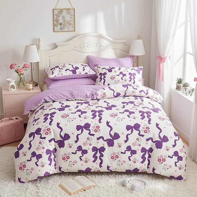 Purple Bow Comforter Set Full Size for Girls, 3Pcs Ribbon Bowknot Bedding for Kids Dreamy Priness Girly Bedroom Decor, Puple Floral Comforter Set with 2 Pillowcases, 79"x90"