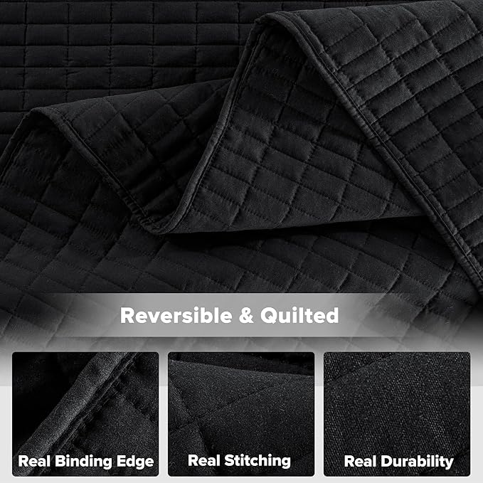 Comfort Spaces Kienna Quilt Set- Double Sided Stitching Design Summer Blanket, Lightweight, Soft, All Season Bedding Layer, Matching Sham, Black, Coverlet King (104"x90") 3 Piece