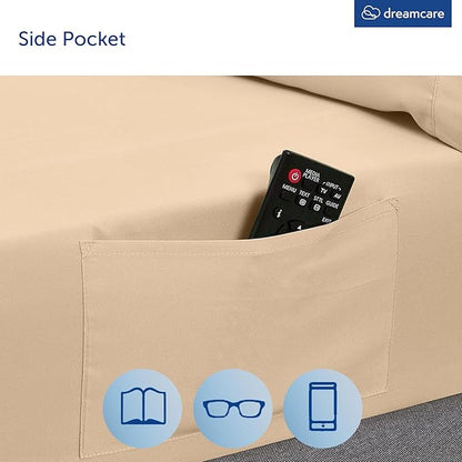 DREAMCARE King Size Sheets Set – 4 pcs Super Soft & Lightweight Cooling Sheets – up to 21” Deep Pocket King Sheet Set – Hotel Luxury Sheets & Pillowcases – 100% Fine Microfiber with Side Pocket, Wheat