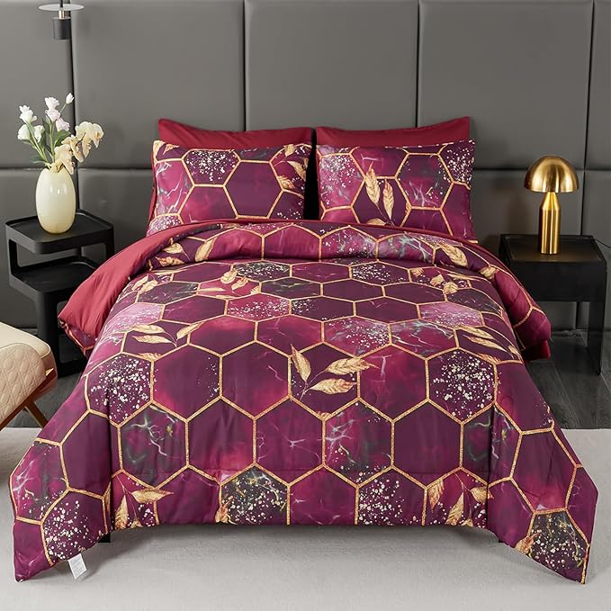 ANGIYUIN 7Pcs Bed-in-A-Bag Burgundy Gold Honeycomb King Size Comforter Sets, 3D Geometric Hexagon Bedding Gold Trim Bed Comforter Sets, Watercolor Foil Print Bed Sets with Sheets (Burgundy, King)