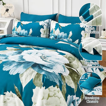 Dobuyly Teal Comforter Set King 7 Piece Bed in a Bag, Teal Blue Floral Printed Comforter Set with Sheets, Soft Microfiber Botanical Complete Bedding Set for All Season