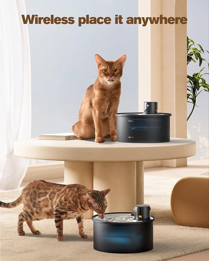Wireless Cat Water Fountain Cordless | 108oz/3.2L Battery Operated Pet Fountain with Stainless Steel Water Tray + Plastic barrel (with 8 Filters & 8 Sponges)