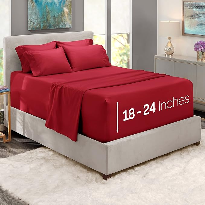 Hearth & Harbor Extra Deep Pocket Sheets - Fits Mattress 18-24 Inches Deep - Extra Deep Pocket Twin XL Sheets Sets - 4 Piece Twin XL Size - Burgundy