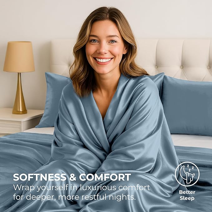 Pure Bedding Satin Sheets Twin [3-Piece, SkyBlue] Hotel Luxury Silky Bed Sheets - Extra Soft 1800 Microfiber Sheet Set, Wrinkle, Fade, Deep Pocket Fitted Sheet, Flat Sheet, Pillow Cases
