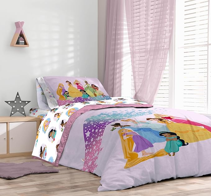 Sunny Side Up Disney Princess Twin Comforter Set - 5 Piece Kids Bedding Includes Comforter, Sheets & Pillow Cover - Super Soft Rainbow Stars Microfiber Bed Set