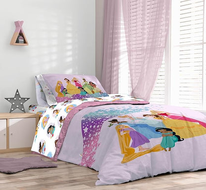 Sunny Side Up Disney Princess Twin Comforter Set - 5 Piece Kids Bedding Includes Comforter, Sheets & Pillow Cover - Super Soft Rainbow Stars Microfiber Bed Set
