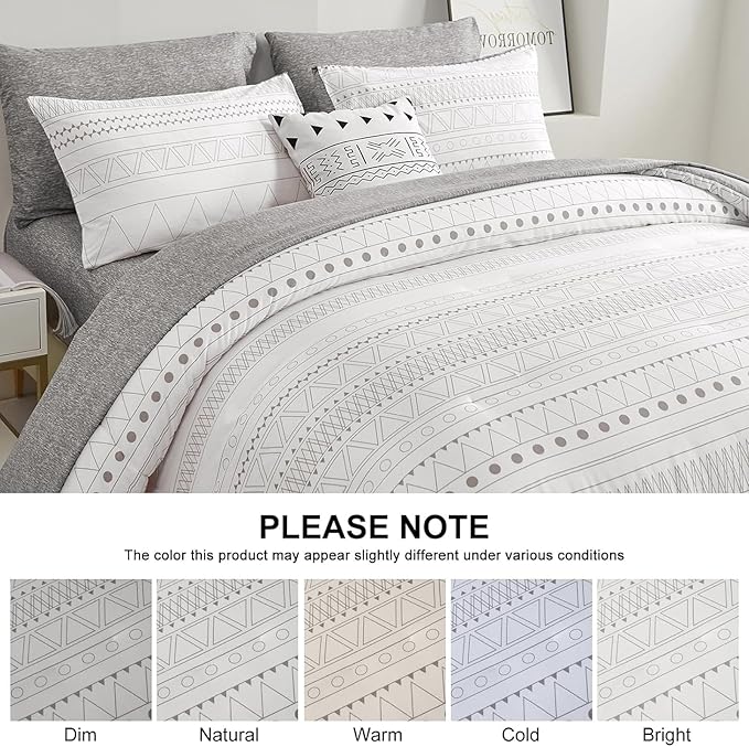 WONGS BEDDING Boho Comforter Set Queen,7 Pieces White Grey Geometric Bed in a Bag Comforter Bohemian Soft Microfiber Bedding Set for All Season with Pillowcases & Shams,Flat Sheet,Fitted Sheet