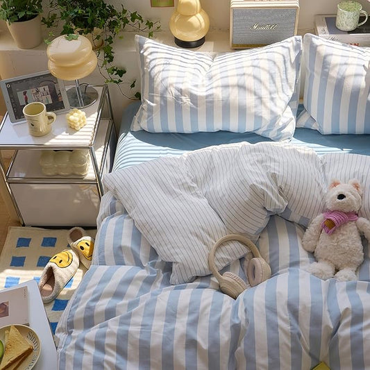 Blue Striped Duvet Cover Twin Boho Soft Comforter Cover Twin Size Reversible Farmhouse Cute College Duvet Cover Set with Hidden Zipper Dorm Bedding for Boys Washed Microfiber Duvet Protector