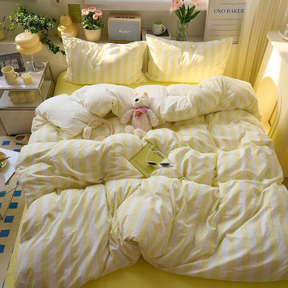 Yellow Striped Twin XL Duvet Cover Set Cute Soft Comforter Cover Twin XL Boho Chic Washed Microfiber Farmhouse Duvet Cover with Corner Ties College Dorm Bedding Set for Girls Duvet Protector