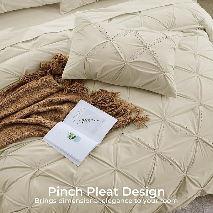 Sasttie Full Size Comforter Set, 7-Piece Bed in a Bag Double, Pintuck Bedding Set for All Season, Includes Comforter, Flat Sheet, Fitted Sheet, Pillowcases and Pillowshams, Linen