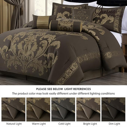 Chezmoi Collection 7-Piece Jacquard Floral Comforter Set (King, Coffee/Gold)