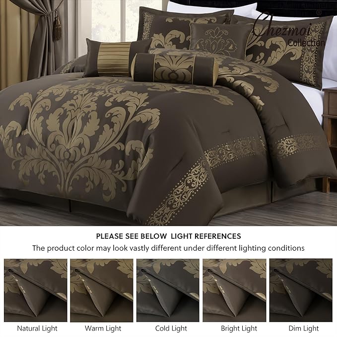 Chezmoi Collection 7-Piece Jacquard Floral Comforter Set (Queen, Coffee/Gold)