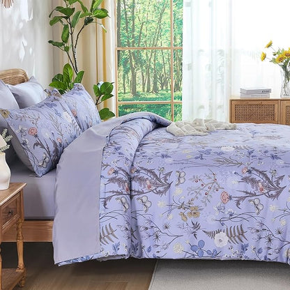 Yiran King Size Comforter Set 7 Piece, Purple Floral Bedding Set, Lightweight Bed in a Bag King with Botanical Flowers Spring, Soft Warm Lavender Comforters with Sheets Complete for All Season
