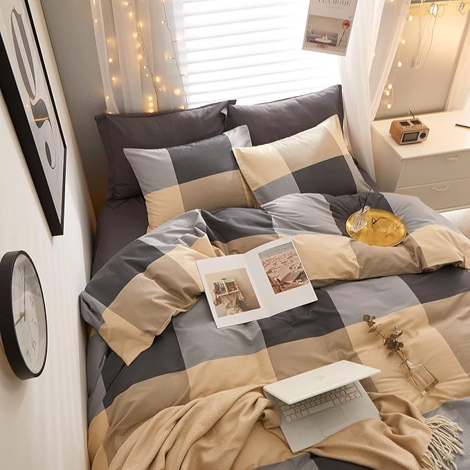 EAVD Vintage Style Brown&Black Buffalo Plaid Comforter Set Queen Boy Men Fluffy Retro Checkered Plaid Bedding Comforter with 2 Pillowcases Farmhouse Geometric Bedding Set for All-Season