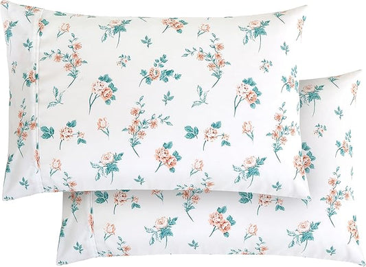 Elegant Comfort Ultra Soft Set of 2 Floral Print Pillowcases - 1500 Premium Hotel Quality Microfiber, Soft and Smooth Envelope Closure 2-Piece Pillow Covers - Standard/Queen, Pink Celia