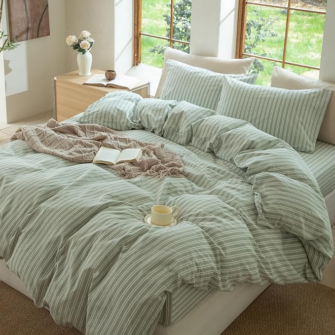 Sage Green and White Striped Duvet Cover,100% Washed Cotton Breathable and Linen Like Bedding Set(Strip-Sage Green/White,Queen)