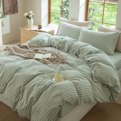 Sage Green and White Striped Duvet Cover,100% Washed Cotton Breathable and Linen Like Bedding Set(Strip-Sage Green/White,King)