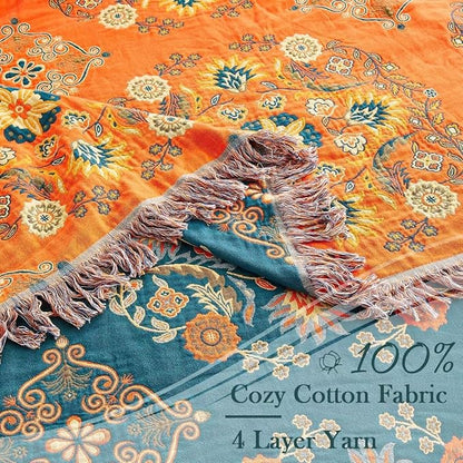 Boho Throw Blanket 100% Cotton Ultra Soft Luxury Throw Rustic Quilt 50"x60" Floral Printed Farmhouse Decor Bed Summer Blankets All Season Rustic Reversible Bohemian Throw for Bed Orange
