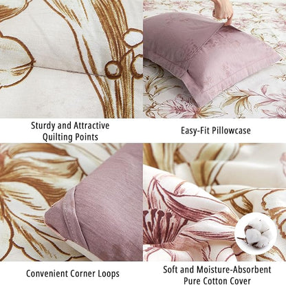 Floral Cotton Comforter King Size 3Pcs - Pink Flowers on Botanical Textured Beige Front, Mauve Taupe Back, Reversible Lightweight Bedding Sets with Soft Fill(King, 104"×90")