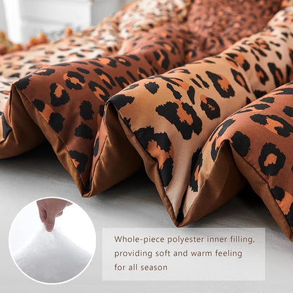 PERFEMET Cheetah Print Comforter Set Queen, 3 Pieces Animal Leopard Print Bedding Set with 2 Pillowcases, Soft Fluffy Farmhouse Leopard Pattern Bed Set for All Season (Brown, Queen)