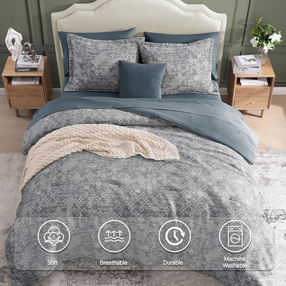 MaiRêve Queen Comforter Set Navy Blue, Crinkle Textured Design Bedding Set 7 Pieces Bed in A Bag, All Season Farmhouse Comforter Set with Sheets, Pillowcases & Shams