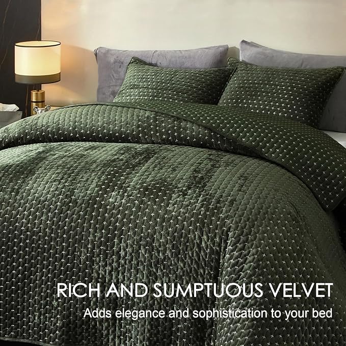 Powdion Velvet Quilt Queen Size, Oversized Bedspread Quilted Bedding Set, Luxurious Soft Coverlet Set Lightweight Velvet Comforter for All Season with Pillow Shams 90x96 Army Green Striped Queen