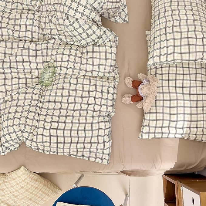 Vintage Grey Plaid Duvet Cover Queen 100% Cotton Muslin Gingham Duvet Cover Grey Green Plaid Checkered Grid Bedding Set Breathable Linen Like Gauze Comforter Cover Farmhouse Gingham Bedding Set