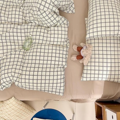 Vintage Grey Plaid Duvet Cover Full Size 100% Cotton Muslin Gingham Duvet Cover Grey Green Grid Checkered Plaid Bedding Set Breathable Soft Linen Like Gauze Comforter Cover Gingham Bedding Set Full