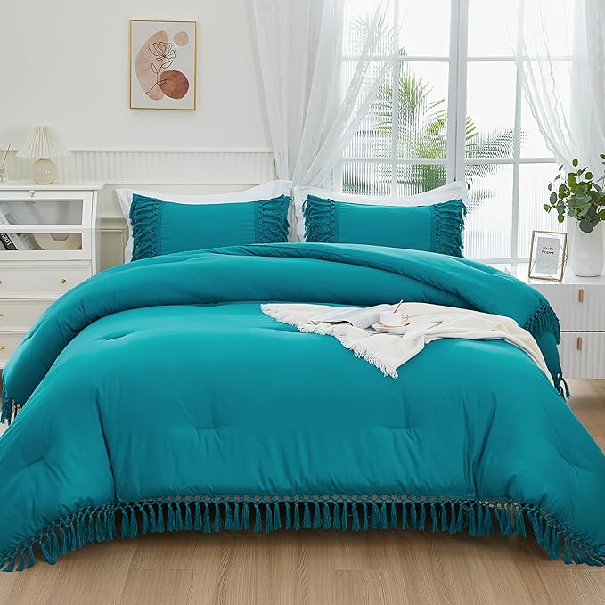 Andency Turquoise Comforter Set Queen, 3 Pieces Boho Tassel Lightweight Soft Bedding Comforter Sets, All Season Fluffy Fringe Bed Set (90x90In Comforter & 2 Pillowcases)