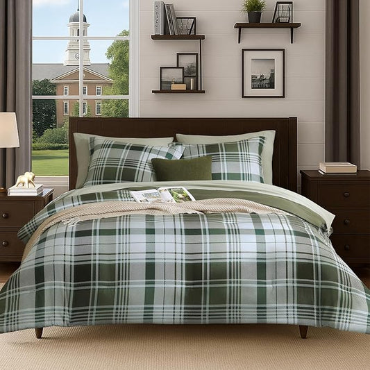 MaiRêve Full Size Comforter Set Olive Green, Plaid Design Comforter Set 7 Pieces, All Season Comfortable Bedding Sets Full, Lightweight, Soft and Warm (Olive Green, Full)