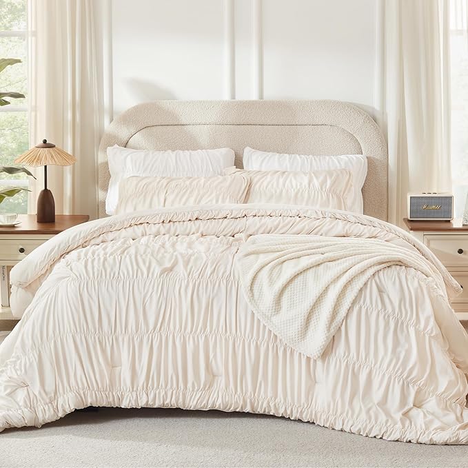 Andency Ruched Beige King Size Comforter Set, Shabby Chic Pleated Bedding Sets 3 Pieces, Lightweight Soft Boho Ruffle Bed Set for Girls, Kids, Women, All Season
