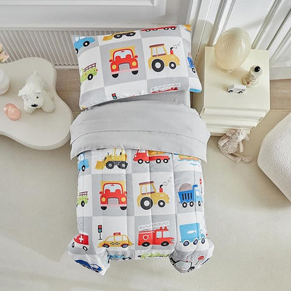 White Gray Toddler Bedding Set for Boys Girls Colorful Cars Vehicle Auto Fire Engine Bulldozer 4PC Toddler Bed Set - Soft Cute Toddler Plaid Patchwork Bed in a Bag with Sheet Set and Pillow Shams