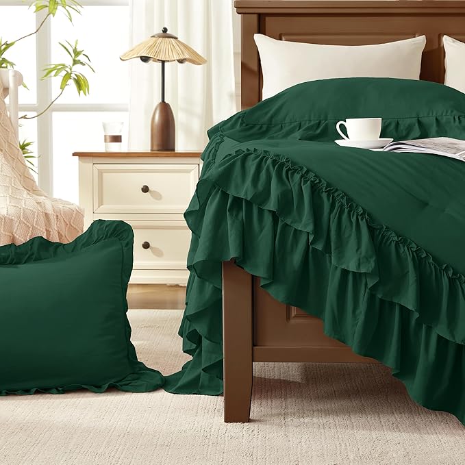 Andency Dark Green California King Comforter Set, 3 Pieces Lightweight Fluffy Farmhouse Shabby Chic Bedding Comforter Sets, Soft Polyester All Season Cal King Bed Sets(104x96Inch)